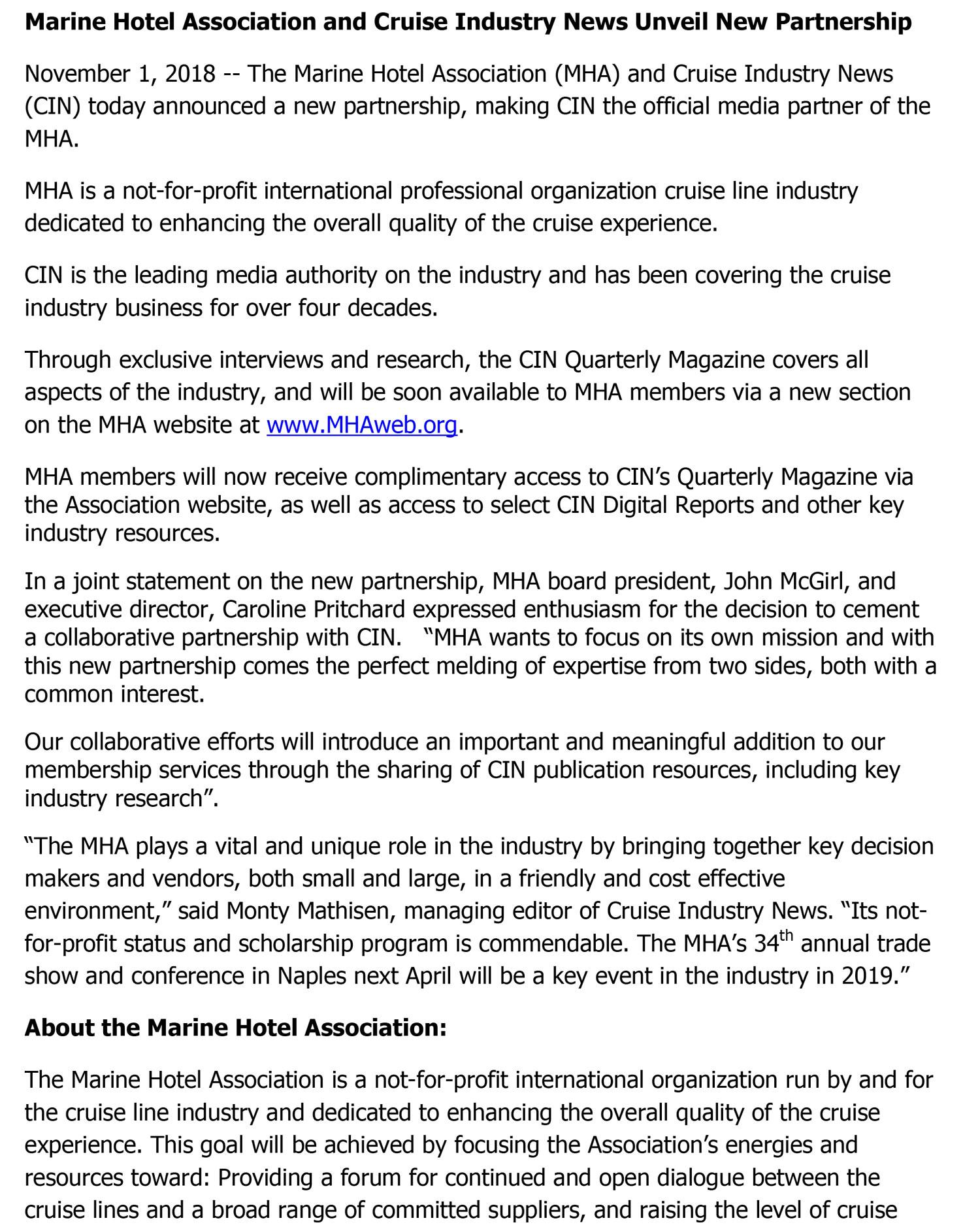 MHA Announces New Collaborative Partnership with Cruise Industry News