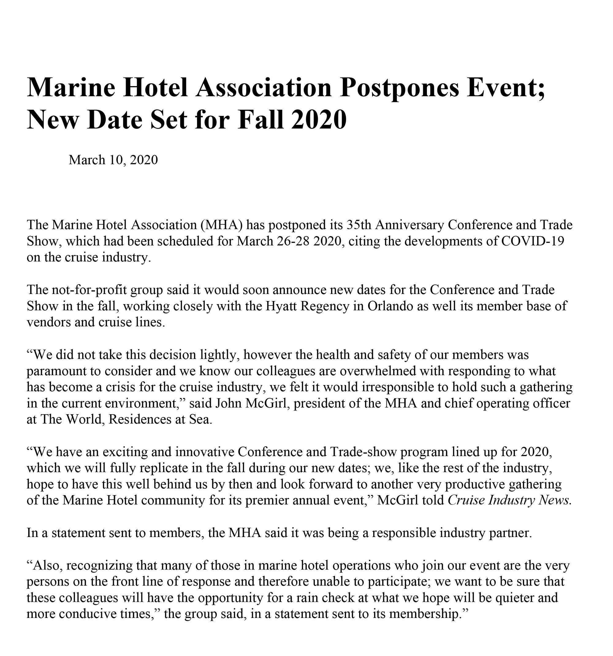 Marine Hotel Association Postpones 2020 Event